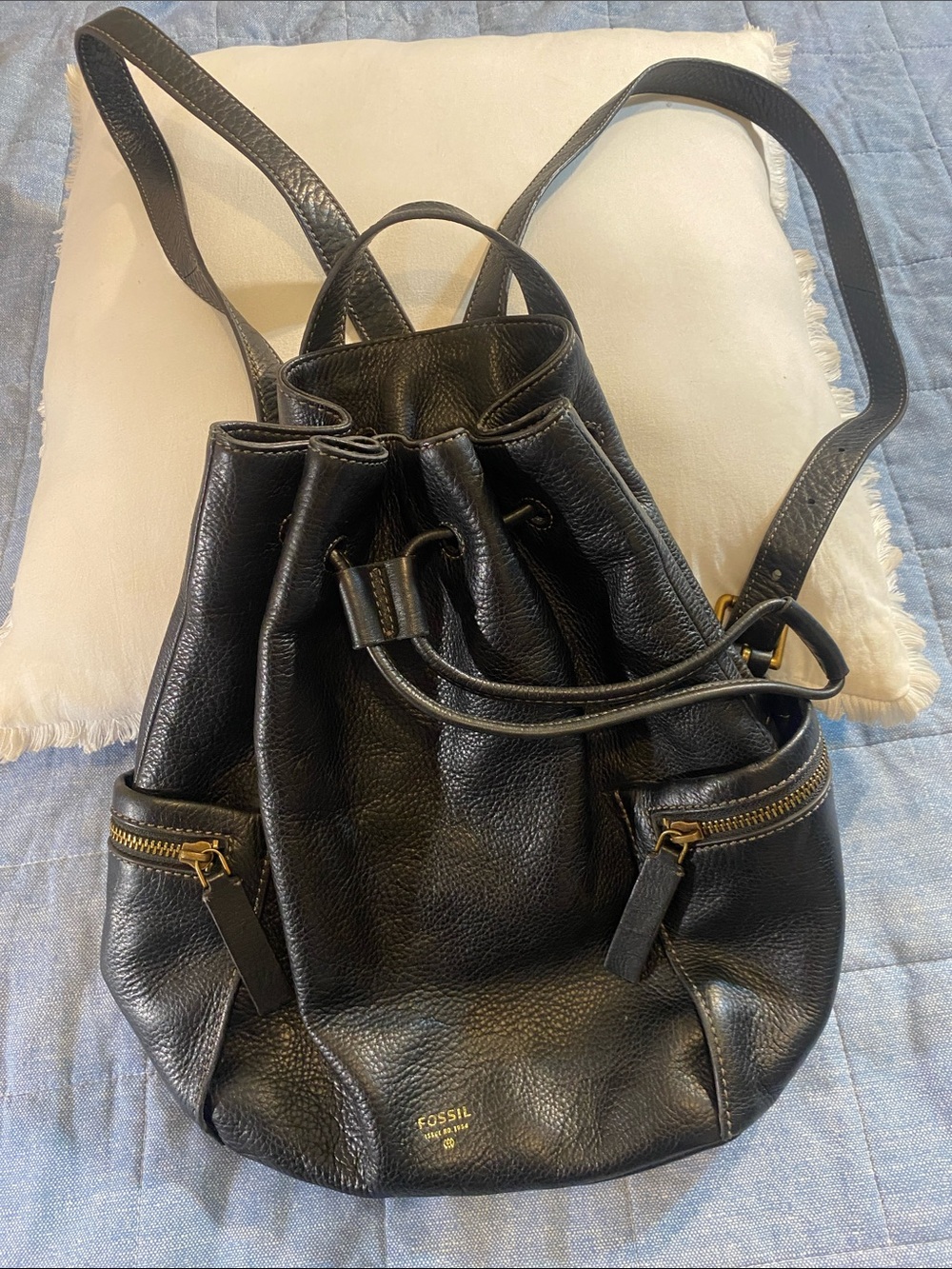 Fossil Black Pebbled Leather Drawstring Backpack with Zip Pockets